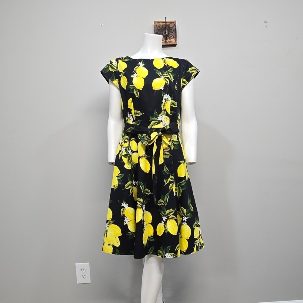 Lemon‎ Print Fit Flare Swing Dress Large Black Amalfi Coast Retro 50s Rockabilly